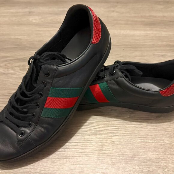 Gucci Ace Sneakers - Black Leather - Red, Green (Gently Used) - Picture 1 of 8